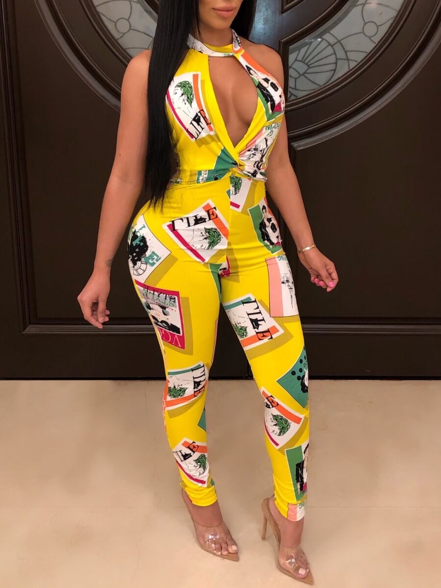 

LW Chic Backless Letter Print Color-lump Patchwork Yellow One-piece Jumpsuit