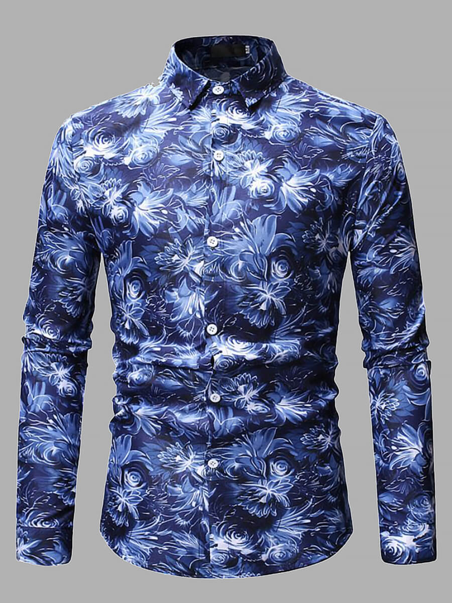 

Lovely Men Formal Floral Print Patchwork Blue Shirt