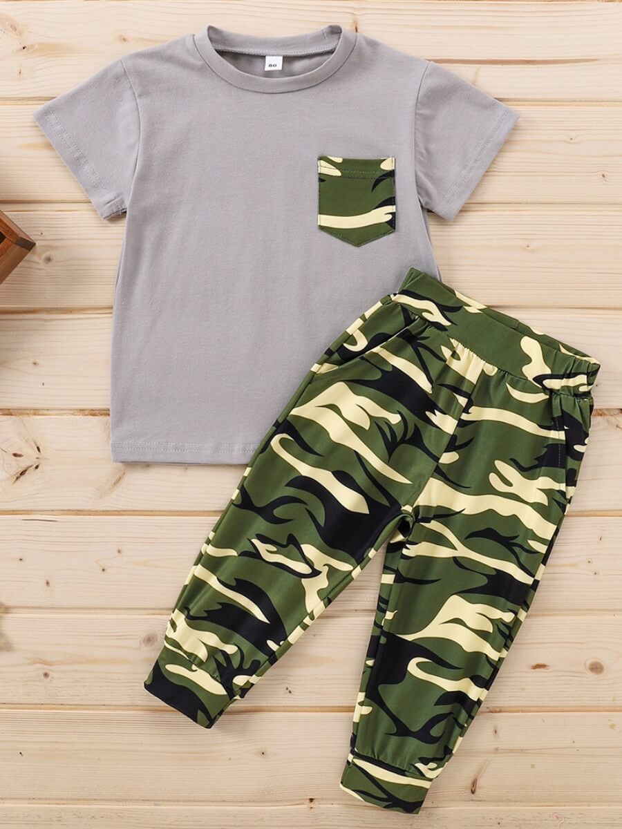 

Lovely Casual O Neck Camo Print Grey Boy Two Piece Pants Set