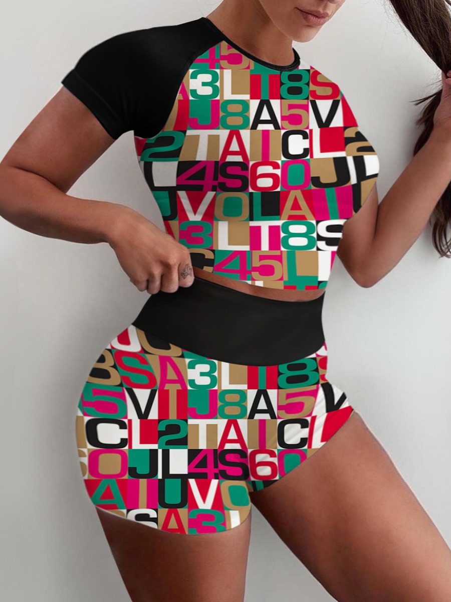 

Lovely Trendy Letter Print Patchwork Red Two Piece Shorts Set(No-positioning Printing)