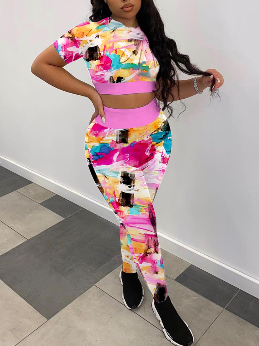 

Lovely Casual Splash Ink Print Patchwork Pink Two Piece Pants Set