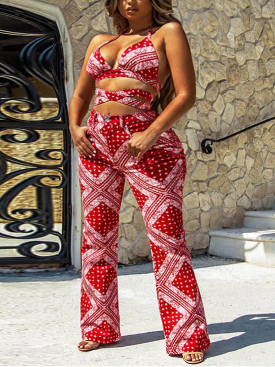 

Lovely Sexy Backless Bandage Design Geometric Print Red Two Piece Pants Set