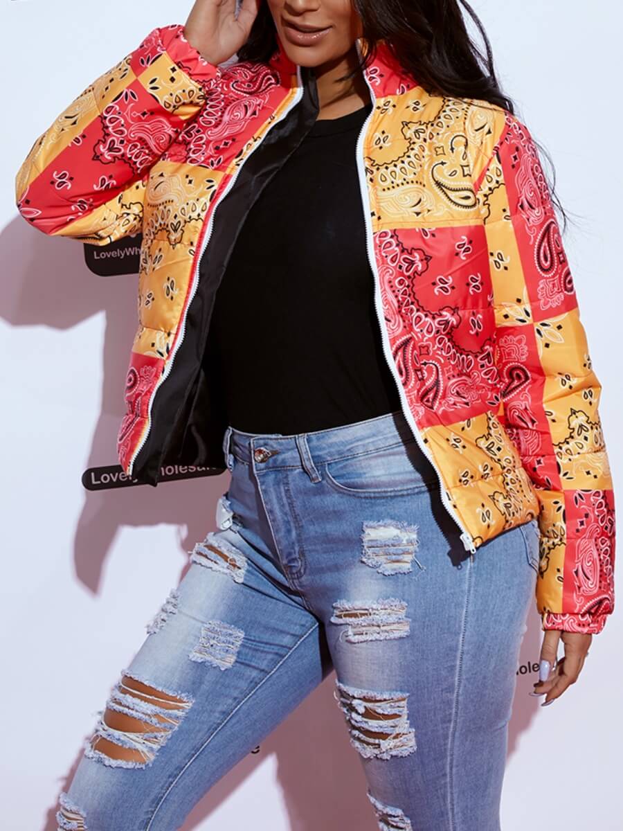 

LW BASICS Casual Print Zipper Design Yellow Parka