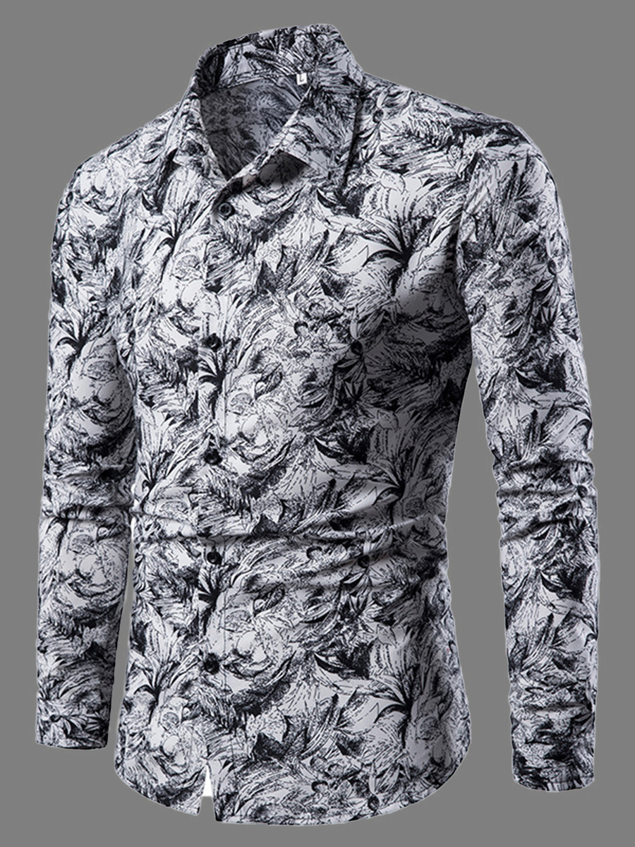

Lovely Men Casual Turndown Collar Floral Print White Shirt