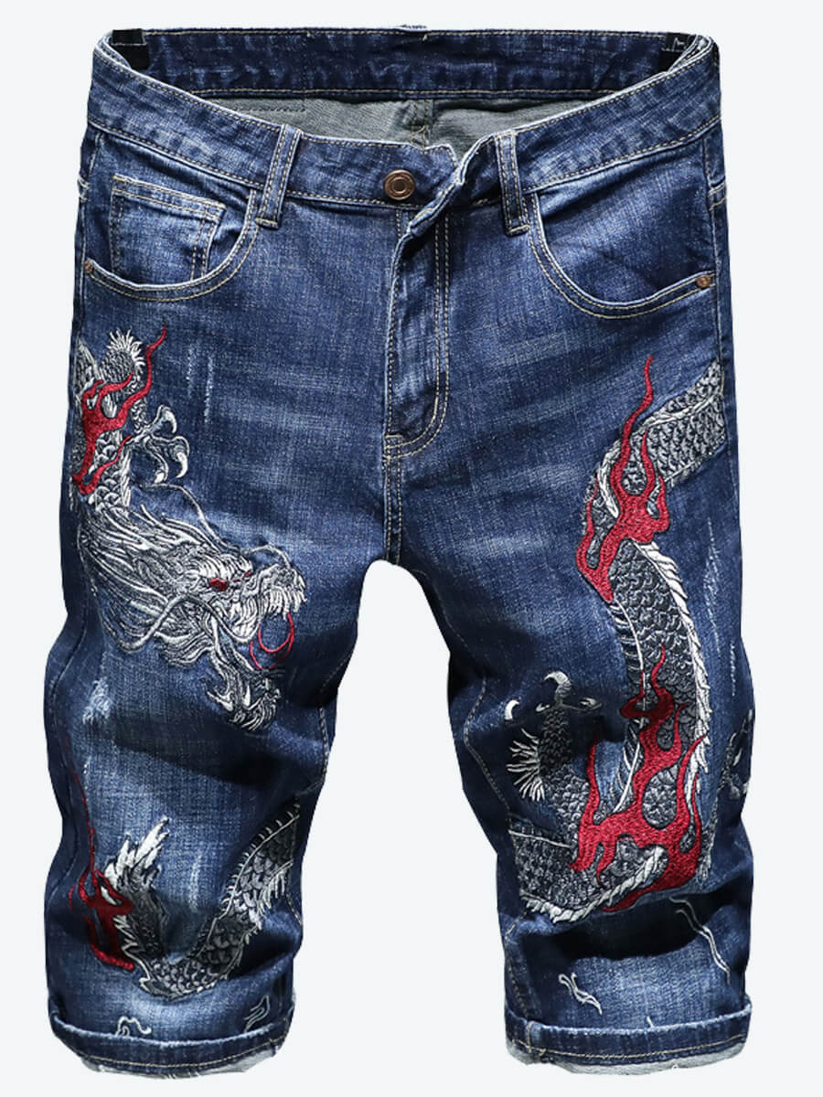 

Lovely Men Casual Embroidered Dragon Print Blue Denim Shorts