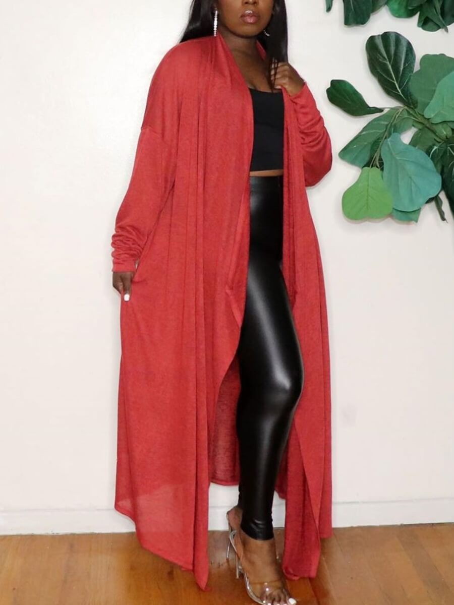 

Lovely Casual Dropped Shoulder Pocket Design Red Trench Coat
