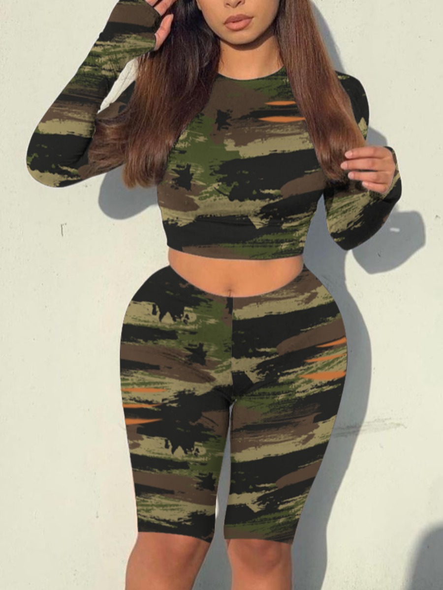

Lovely Casual Camo Print Ripped Two Piece Shorts Set (No-positioning Printing), Army green camouflag