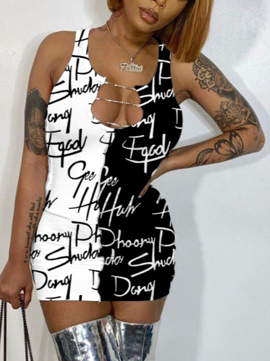 

Lovely Street Letter Print Hollow-out Black Mini Dress