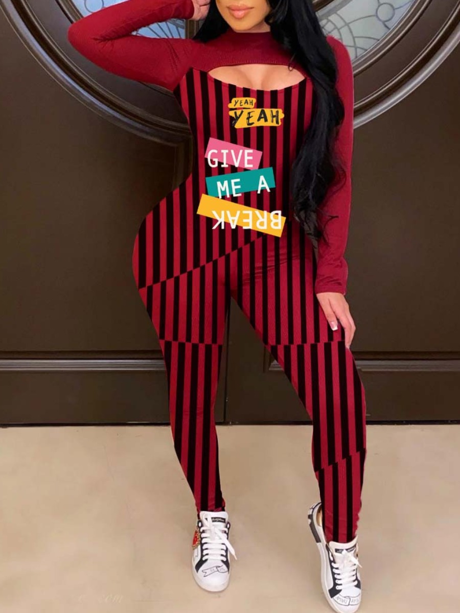 

Lovely Chic Letter Print Striped Hollow-out Red One-piece Jumpsuit