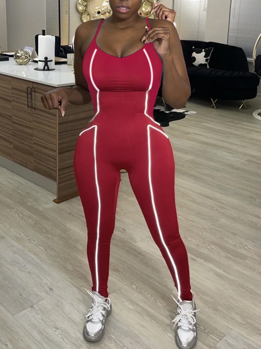 

Lovely Sportswear U Neck Striped Red One-piece Jumpsuit