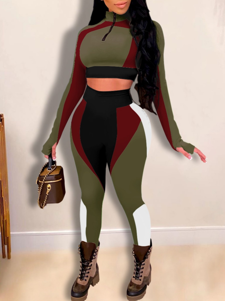 

Lovely Sportswear Color-lump Patchwork Green Two Piece Pants Set