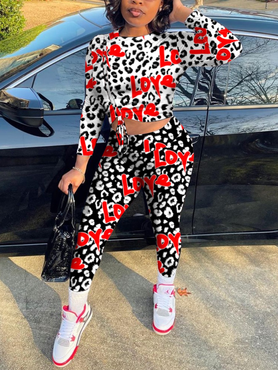 

LW Casual Letter Leopard Print White Two Piece Pants Set(No-positioning Printing)