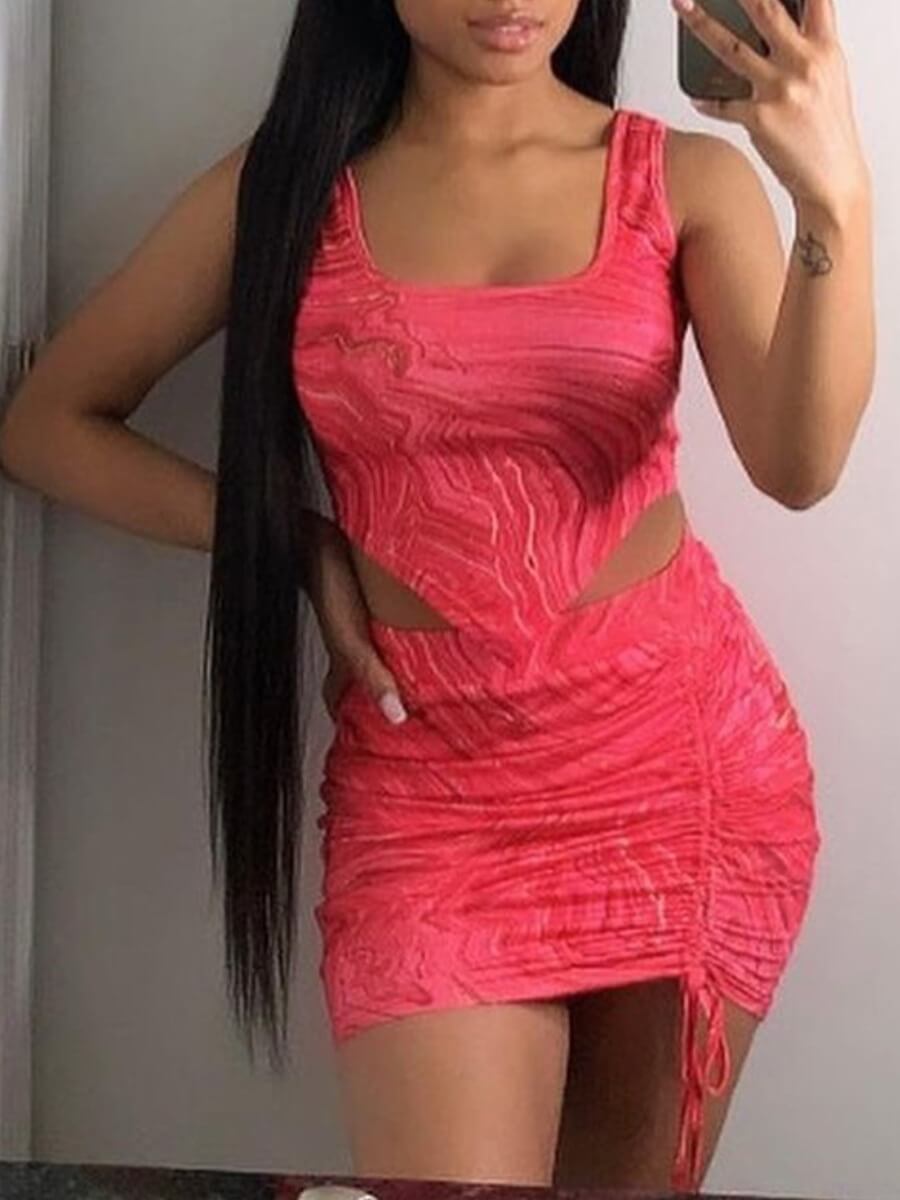 

Lovely Sexy U Neck Ruched Drawstring Rose Red Two Piece Skirt Set