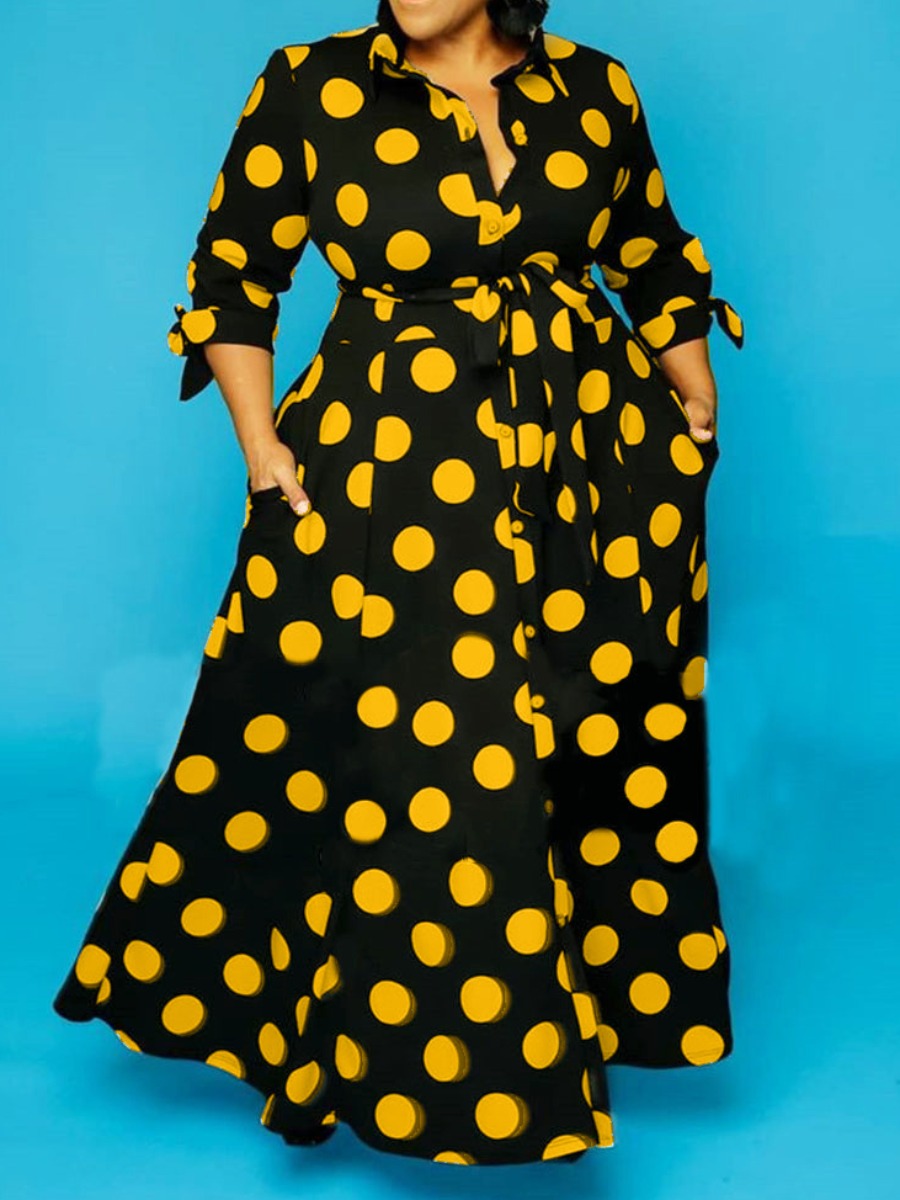 

Lovely Trendy Dot Print Lace-up Yellow Maxi Plus Size Dress