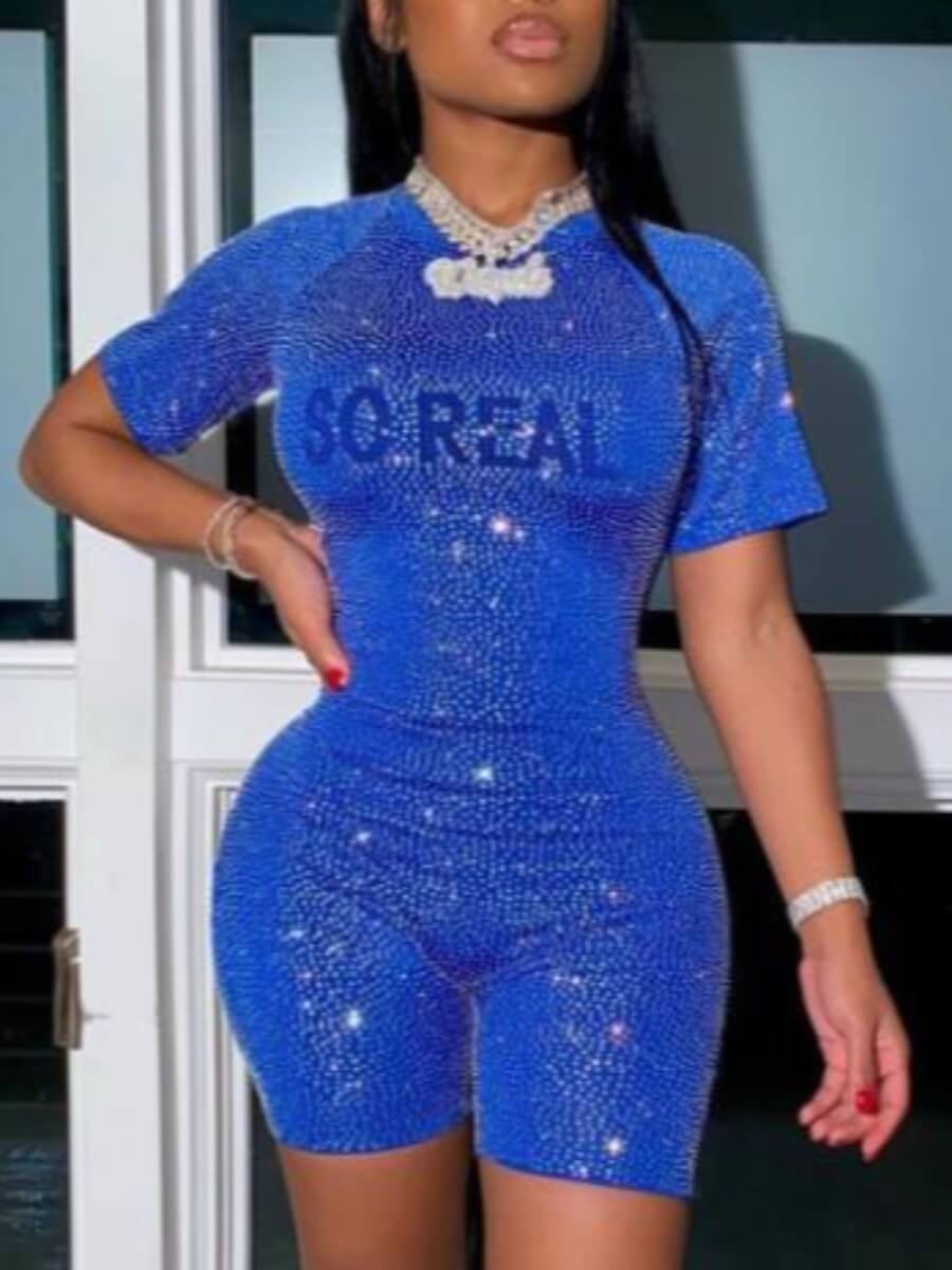 

Lovely Party Sequined Letter Print Blue One-piece Romper