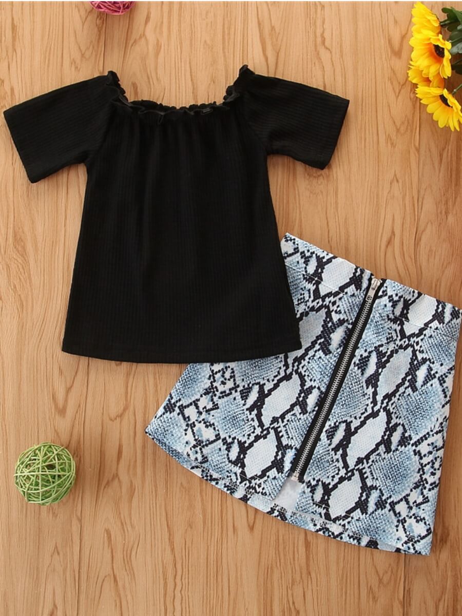 

Lovely Girl Casual Rib-Knit Cobra Print Black Two Piece Skirt Set