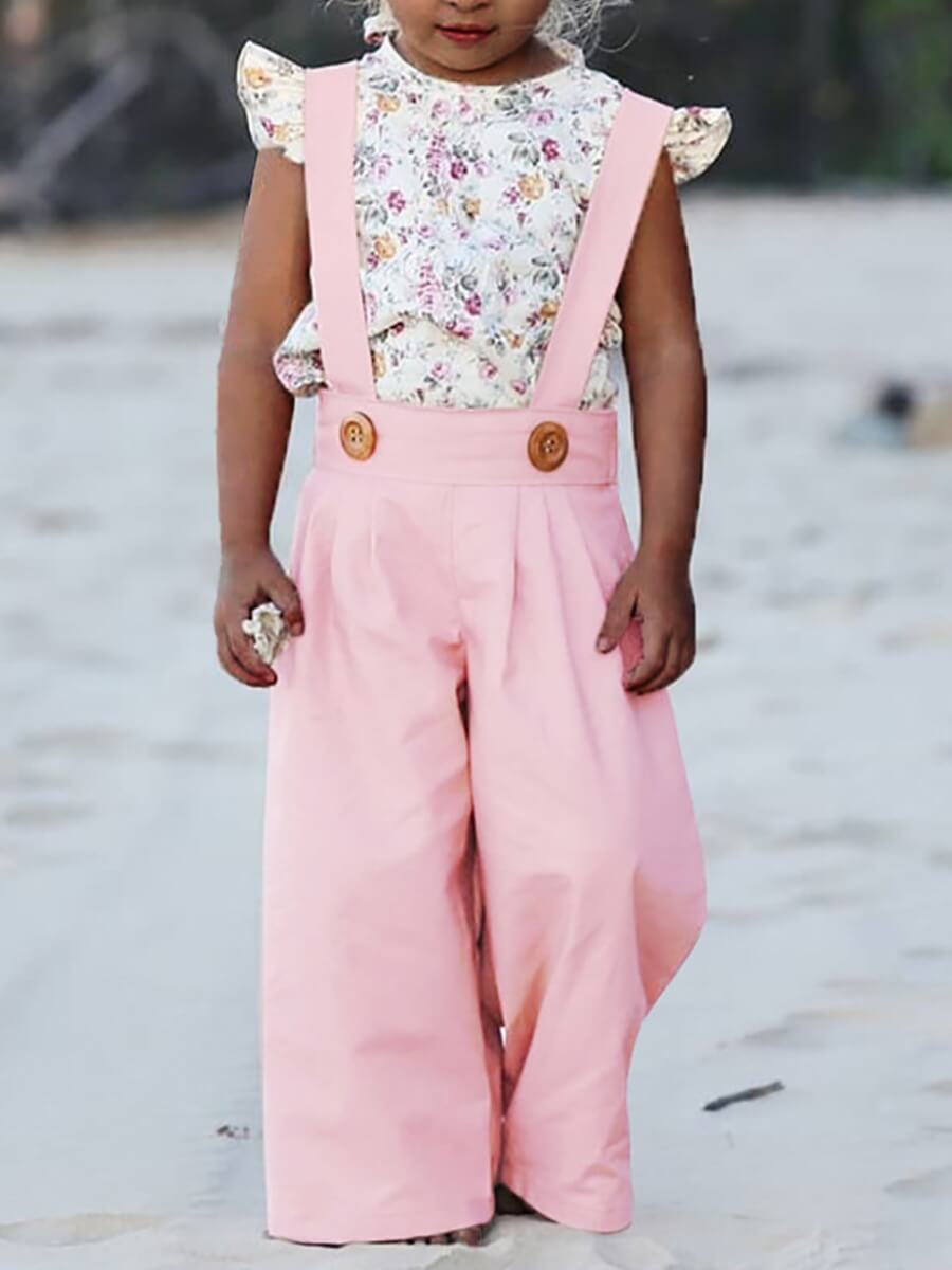 

Lovely Girl Casual Suspender Button Design Pink Pant