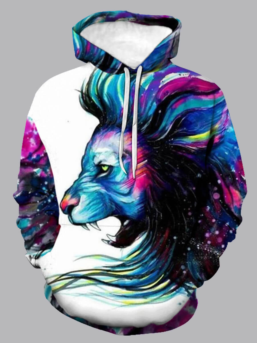 

Lovely Street Lion Print Patchwork Multicolor Men Hoodie, Multi