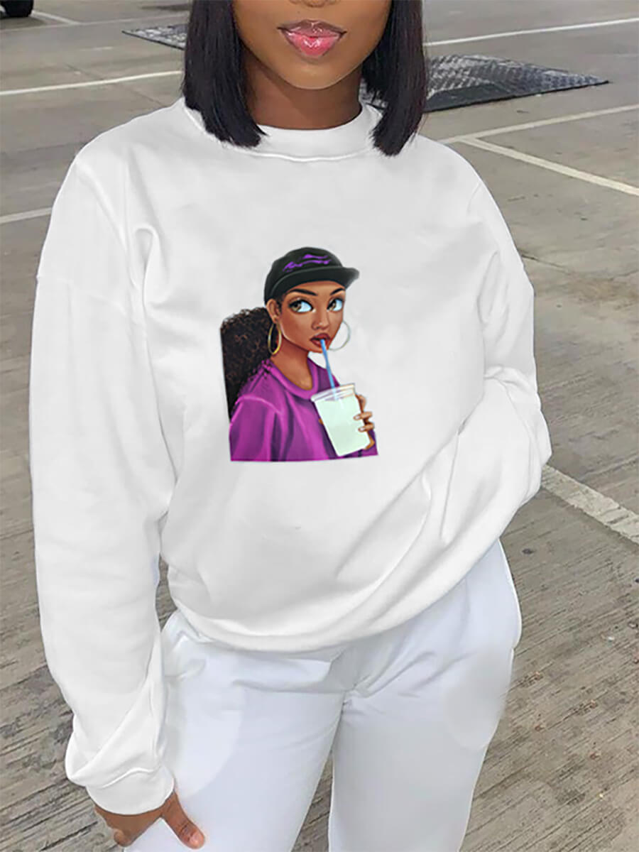 

Lovely Casual O Neck Portrait Print White Hoodie