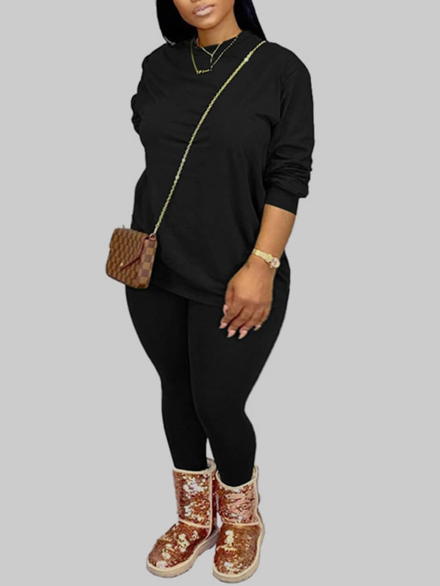 

LW BASIC Plus Size Casual O Neck Elastic Black Two-piece Pants Set