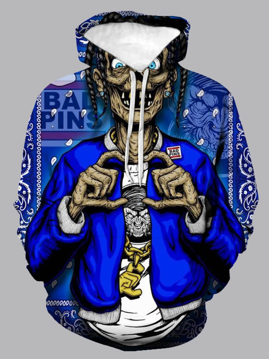 

LW Men Street Scary Face Print Patchwork Blue Hoodie