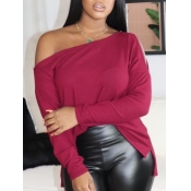LW Trendy Bateau Neck Hollow-out Red T-shirt
