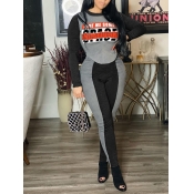 Lovely Trendy Letter Print Patchwork Grey Two Piec