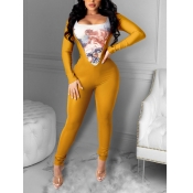 Lovely Sexy Print Patchwork Skinny Yellow One-piec