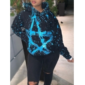 LW BASICS Casual Hooded Collar Star Print Blue Hoo