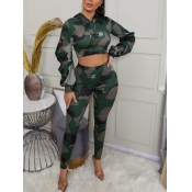 Lovely Casual Hooded Collar Camo Print Two Piece P