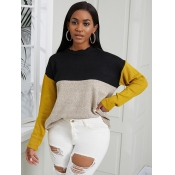 Lovely Casual O Neck Color-lump Patchwwork Yellow 