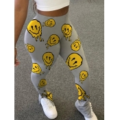 Lovely Casual Mid Waist Smiley Face Print Grey Pan