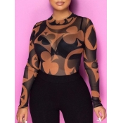 Lovely Casual Floral Print See-through Coffee Base