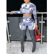 Lovely Street O Neck Print Baby Blue Two Piece Pan