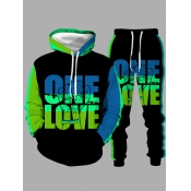 LW Casual Hooded Collar Letter Print Blue Men Two 