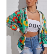 Lovely Street Hooded Collar Letter Print Green Hoo
