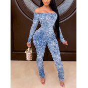 Lovely Casual Off The Shoulder Tie-dye Blue One-pi