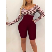 Lovely Sexy U Neck Striped Patchwork Dull Red One-