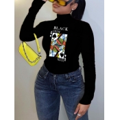Lovely Casual Turtleneck Card Print Black Plus Siz