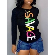 Lovely Casual O Neck Letter Print Patchwork Black 