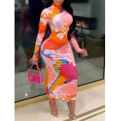 LW Stylish Map Print Patchwork Pink Mid Calf Dress