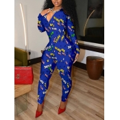 Lovely Casual V Neck Letter Print Blue One-piece J