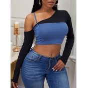 Lovely Casual One Shoulder Stitching Black T-shirt