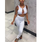 LW SXY  U Neck Lace-up Hollow-out White Two Piece 
