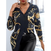 Lovely Vintage Shirt Collar Print Black Blouse