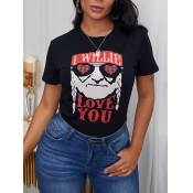 LW Casual O Neck Letter Print Black T-shirt