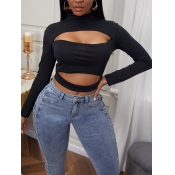LW Sweet Turtleneck Hollow-out Black T-shirt