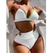 Lovely Casual V Neck Patchwork White Two-piece Swi