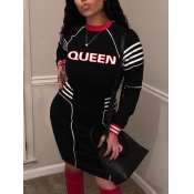 Lovely Trendy Letter Print Striped Black Knee Leng