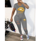 Lovely Casual V Neck Lip Print Grey Two Piece Pant